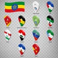 Twelve flags the Provinces of Ethiopia - alphabetical order with name. Set of 3d geolocation signs like flags Regions of Ethiop